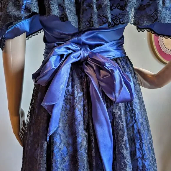 Vintage 80s Gunne Sax Ball Gown Southern Belle Maxi Dress Blue Satin Lace Size 5 - Picture 11 of 14